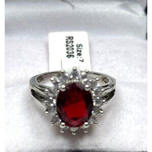 Elegant Silver Ring With Red Gemstone & Diamond Accents Size  6